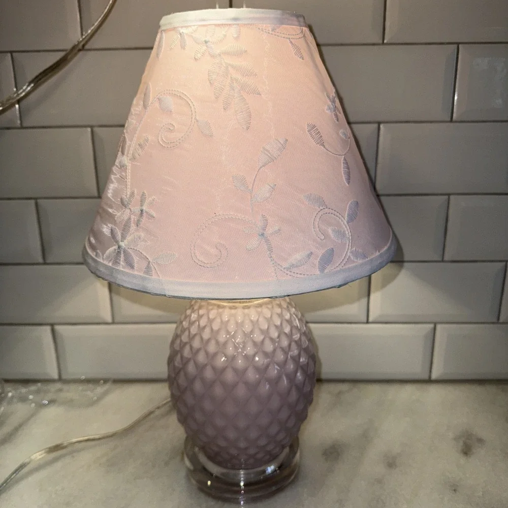 Pink Milk Glass Like Lamp With Clear Lucite Base Pink Embroidered Lamp Shade0041